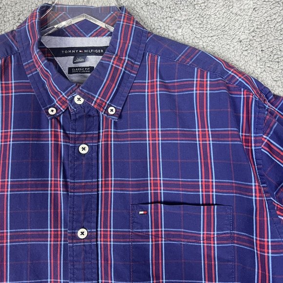 Tommy Hilfiger Mens Large Long Sleeve Shirt Blue Plaid Button Down Classic Fit - Picture 2 of 7